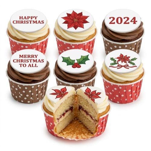 Christmas cupcakes with poinsettia and holly edible toppers, some with 'Happy Christmas' and '2024' messages.