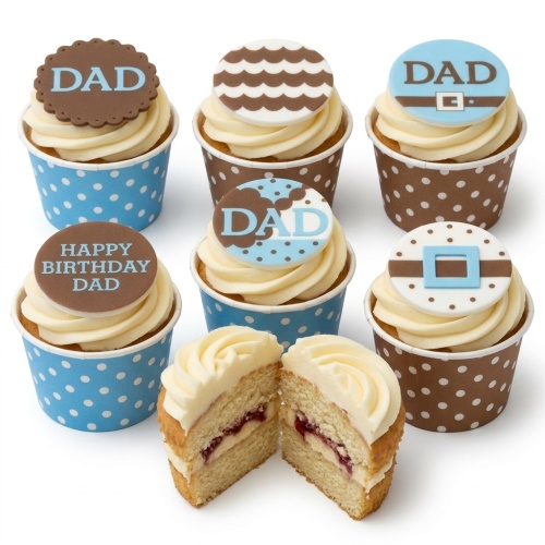 Collection of Dad themed birthday cupcakes with blue and brown toppers, some with 'DAD' and 'Happy Birthday Dad' messages.