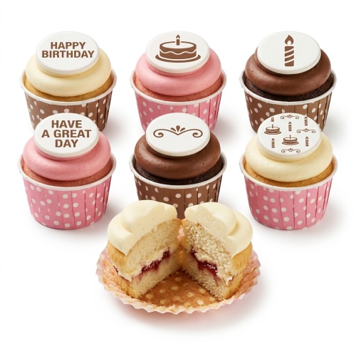 Assorted cupcakes with pink, brown, and cream frosting, topped with 'Happy Birthday' text, birthday cake, and candle icons.