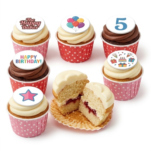 Assortment of birthday cupcakes with colourful balloons, presents, star, and custom age 5 toppers.