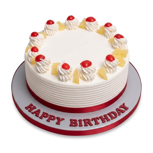 Round white fresh cream cake with pineapple chunks, red cherries, and a red ribbon.