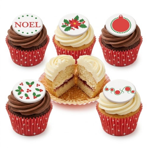 Assorted Christmas cupcakes with holly, poinsettia, bauble, and Noel designs on red polka dot cases.