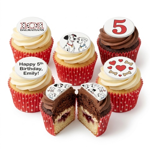 101 Dalmatians themed cupcakes with white and chocolate frosting, featuring character and custom age toppers.