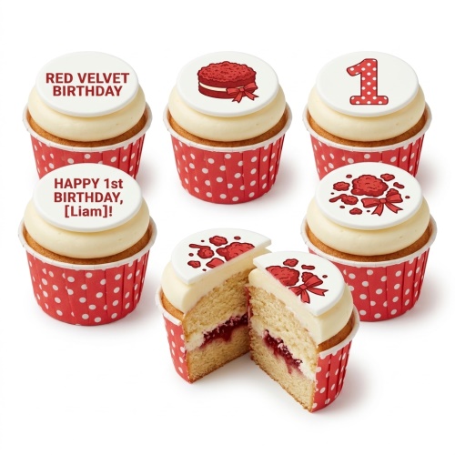 Red velvet 1st birthday cupcakes with white frosting, red polka dot wrappers, and themed toppers including a number one and cake designs.