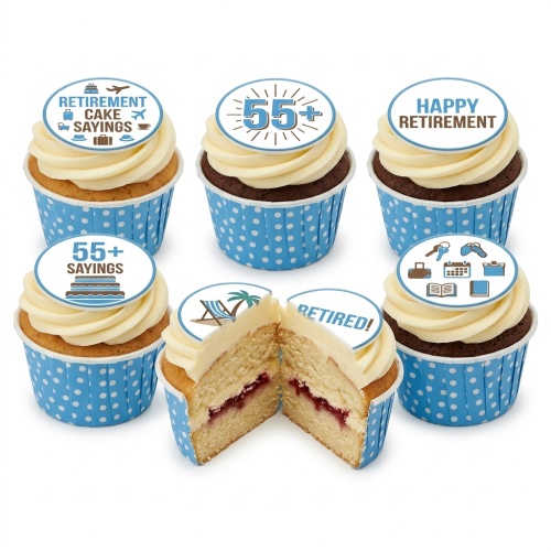 Cupcakes with white frosting and blue polka dot wrappers, topped with edible retirement-themed designs and "Happy Retirement" messages.