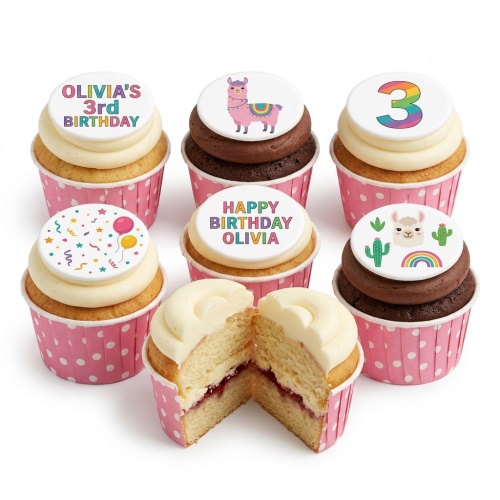 Set of colourful cupcakes with llama, rainbow, confetti, and custom age toppers on pink polka dot wrappers.