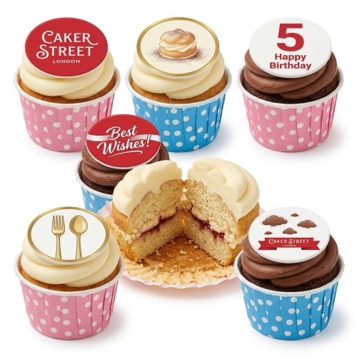 Assorted cupcakes with white and chocolate frosting, featuring custom age and 'Best Wishes' toppers in pink and blue polka dot cases.