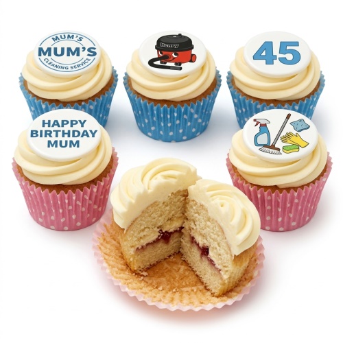 Vanilla cupcakes with white frosting, cleaning theme edible toppers, and custom age example.