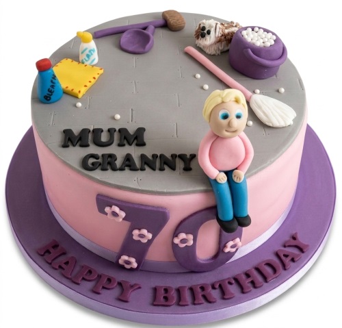 Round birthday cake for her with cleaning theme, female figure, dog, and age number topper.