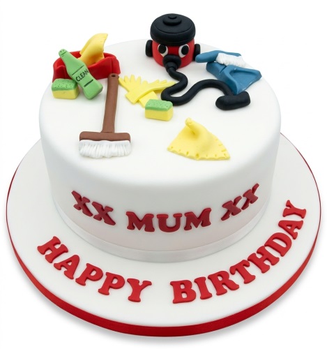 White round birthday cake with cleaning theme decorations and a personalised message.
