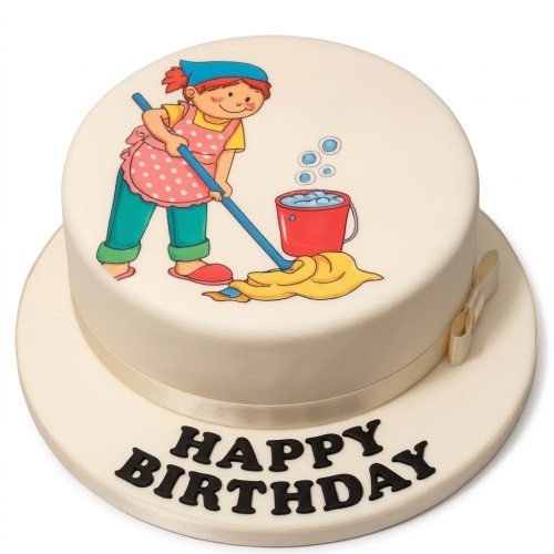 Round white fondant cake with an edible image of a cartoon woman mopping, with "Happy Birthday" on the board.
