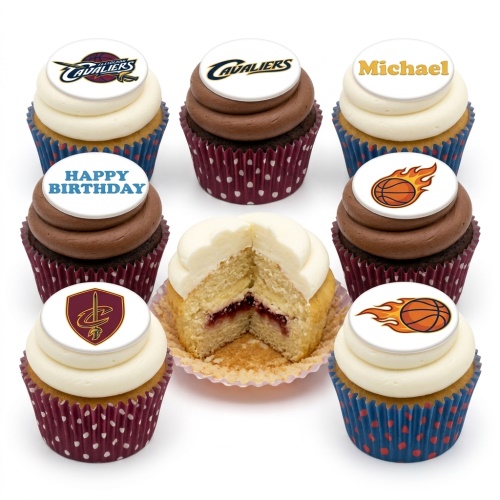 Assortment of basketball-themed birthday cupcakes with team logos, flaming basketballs, and custom messages