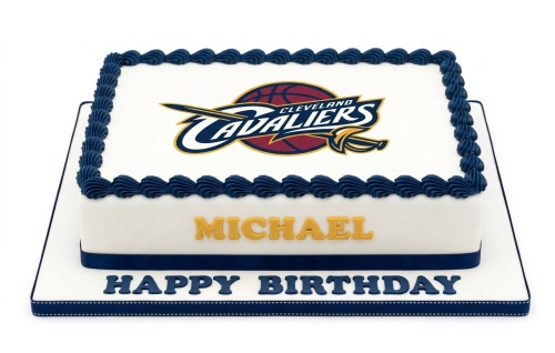 Rectangular white cake with Cleveland Cavaliers logo, dark blue piping, and personalised name.