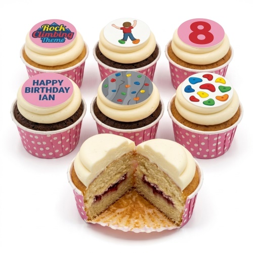 Rock climbing themed cupcakes with colourful holds, a cartoon climber, and custom age and message toppers.