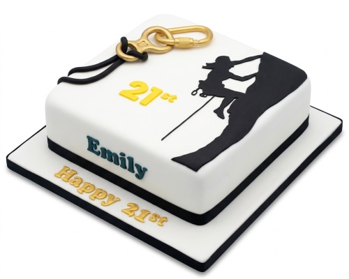 White square birthday cake with black rock climbing silhouette and gold custom age detail.