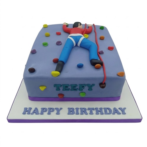Rectangular rock climbing themed birthday cake with a male climber figure and colourful holds.