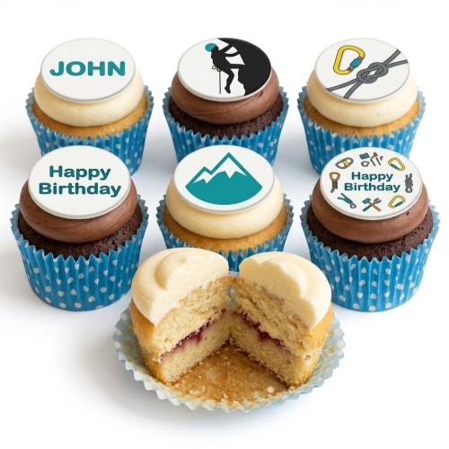 Set of climbing themed birthday cupcakes with mountain, climber, and gear toppers, with custom message examples.