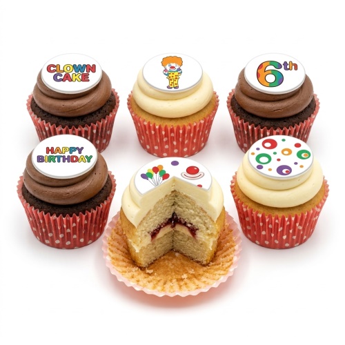 Six cupcakes with clown theme toppers, including a clown character, balloons, colourful dots, and 'Happy Birthday' text.