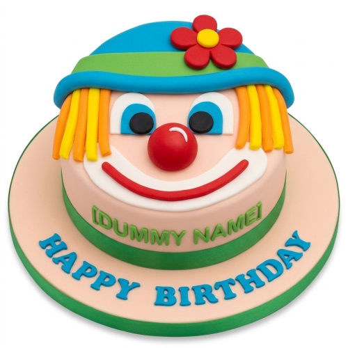 Round clown face birthday cake with blue hat, red nose, and colourful hair, with 'Happy Birthday' message.