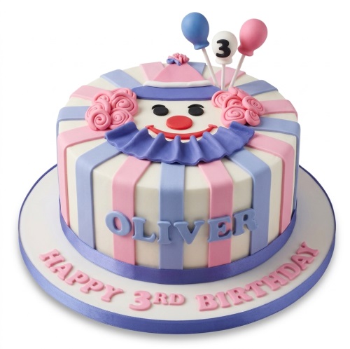 Round clown theme birthday cake with pink and blue stripes, custom age topper, and personalised name.
