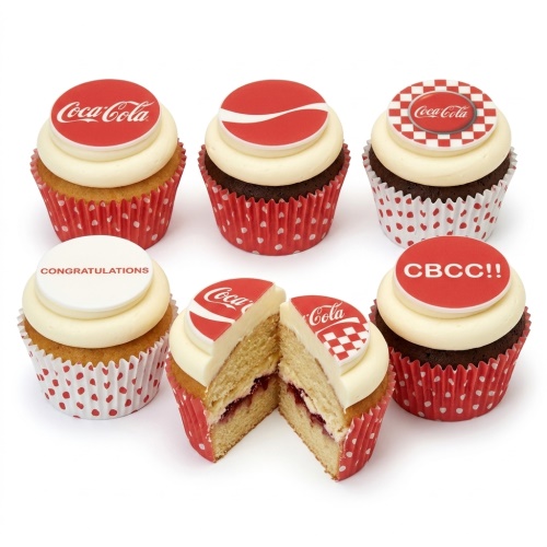 Six Coca-Cola themed cupcakes with red and white branding and custom message examples.