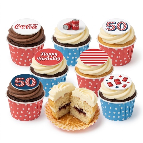 Cupcakes with Coca-Cola logos, soda cans, red stripes, and a custom age topper.