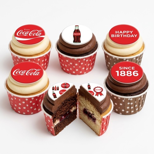 Coca-Cola themed cupcakes with red and white branding, bottle design, and 'Happy Birthday' message
