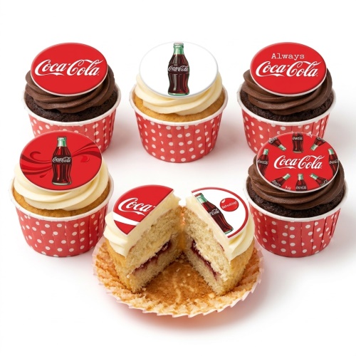 Cupcakes with red and white Coca-Cola logo toppers and bottle designs on chocolate and vanilla cupcakes.