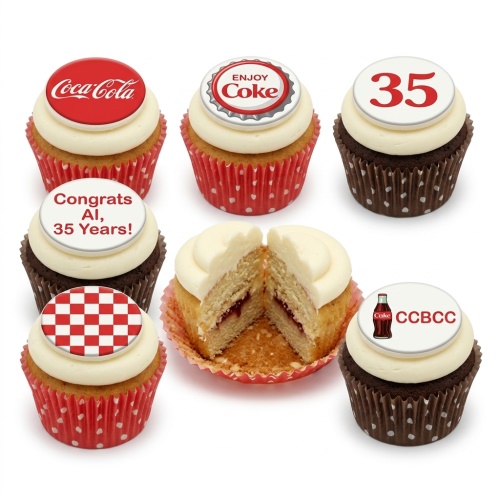 Coca-Cola themed cupcakes with red and white branding, bottle cap designs, and custom age topper.