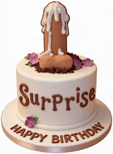White round cake with a brown 3D penis-shaped topper, white drip icing, purple flowers, and 'Surprise Happy Birthday' text.
