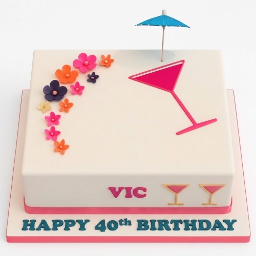 White square cake with pink martini glass, blue umbrella, colourful flowers, and custom message.