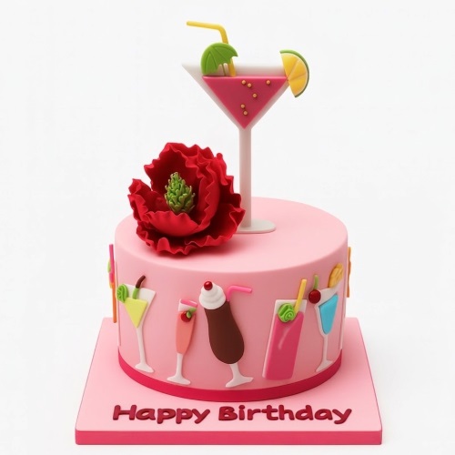 Pink round birthday cake with cocktail decorations and a red flower topper.