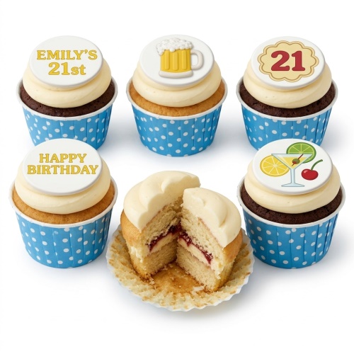 Six cupcakes with white frosting and blue polka dot wrappers. Toppers show a beer mug, a cocktail glass, a number topper, and "Happy Birthday". One cupcake is cut to show a jam filling.