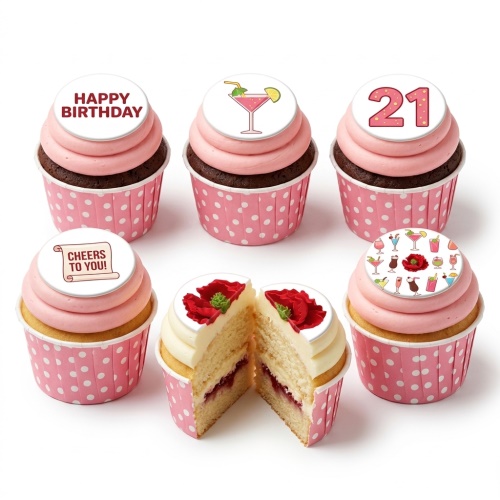 Pink cupcakes with cocktail, floral, and custom age toppers for a birthday.