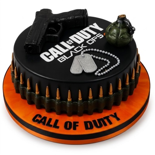 Round black Call of Duty Black Ops birthday cake with edible pistol, grenade, dog tags, and bullets.
