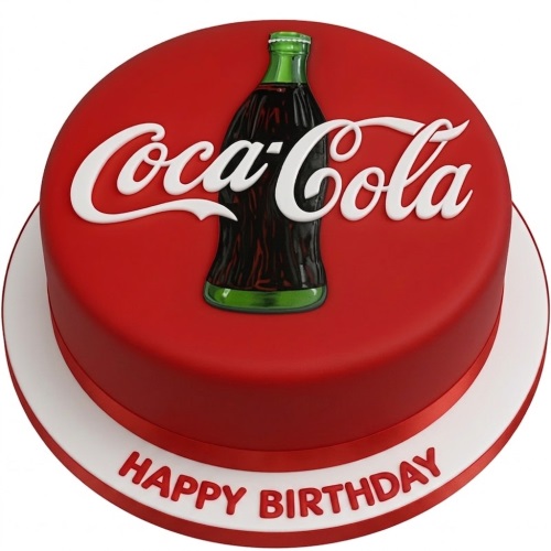 Round red Coca-Cola theme birthday cake with white logo and green bottle
