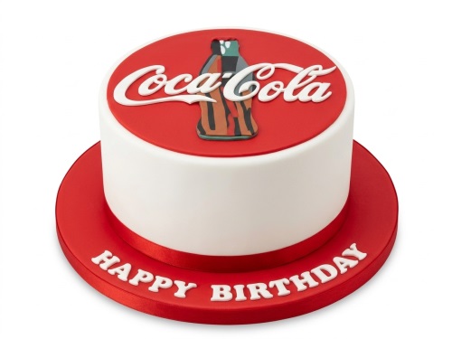 Round white cake with red top, Coca-Cola logo and bottle, red base with 'Happy Birthday'.
