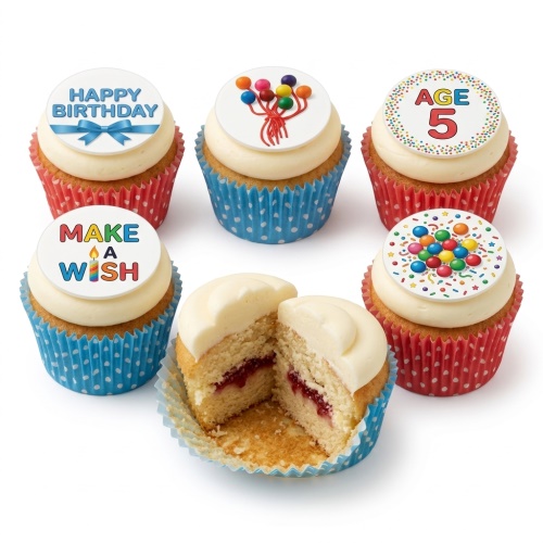 Colourful kids birthday cupcakes with "Happy Birthday", balloons, "Make a Wish", and custom age toppers.
