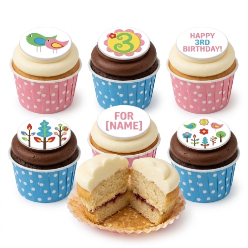Selection of vanilla and chocolate cupcakes with bird, tree, and custom age/name toppers in pink and blue wrappers.