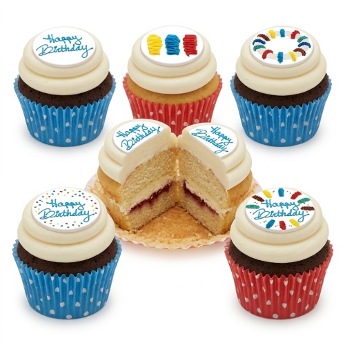 Assortment of Happy Birthday cupcakes with white frosting, colourful sprinkles, and "Happy Birthday" messages.