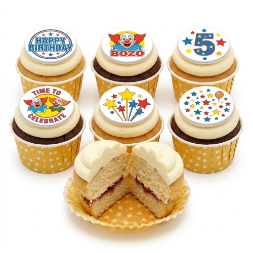 Cupcakes with white frosting and edible toppers featuring Bozo the clown, "Happy Birthday" text, stars, balloons, and the number 5.