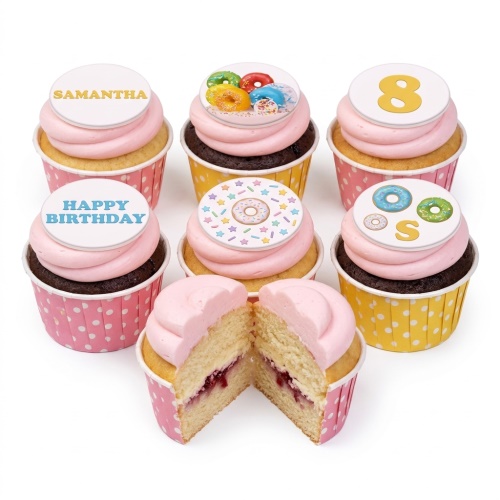 Doughnut theme birthday cupcakes with pink frosting, colourful donut toppers, and custom age and name examples.