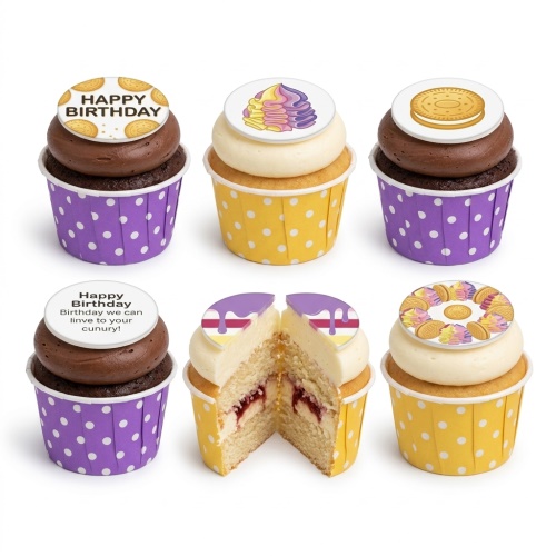 A selection of six Happy Birthday cupcakes with biscuit and swirl toppers in purple and yellow polka dot wrappers.