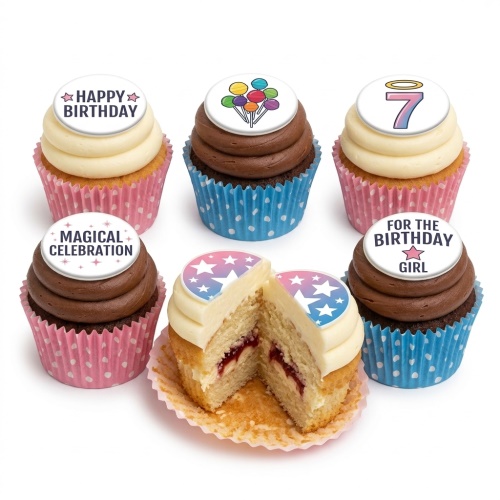 Assortment of birthday cupcakes with custom age, balloon, and star toppers.