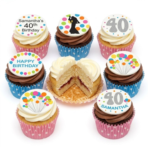 Birthday cupcakes for her with dancing silhouette, balloons, polka dots, and custom age toppers.