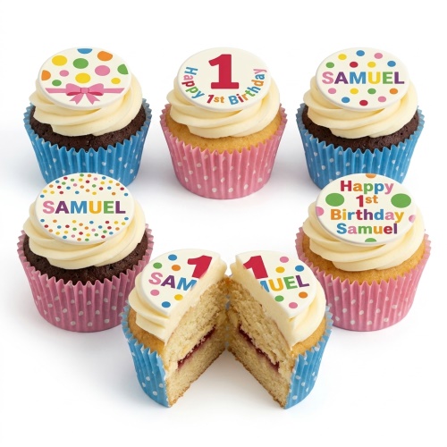 Colourful polka dot 1st birthday cupcakes with '1' and 'Happy 1st Birthday' toppers.