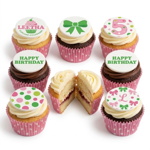Pink and green themed girls birthday cupcakes with custom age and initial toppers.