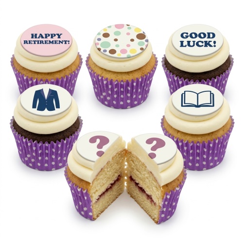 A set of six cupcakes with purple polka dot wrappers, white frosting, and various toppers including 'Happy Retirement!', 'Good Luck!', a suit, a book, a polka dot pattern, and a question mark.