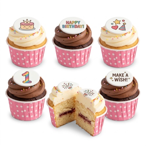 Assortment of birthday cupcakes with "Happy Birthday!", "Make a Wish!", cake, party hat, and custom age toppers.
