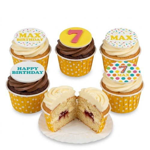 Vanilla and chocolate cupcakes with white frosting, sprinkles, custom age toppers, and 'Happy Birthday' message.